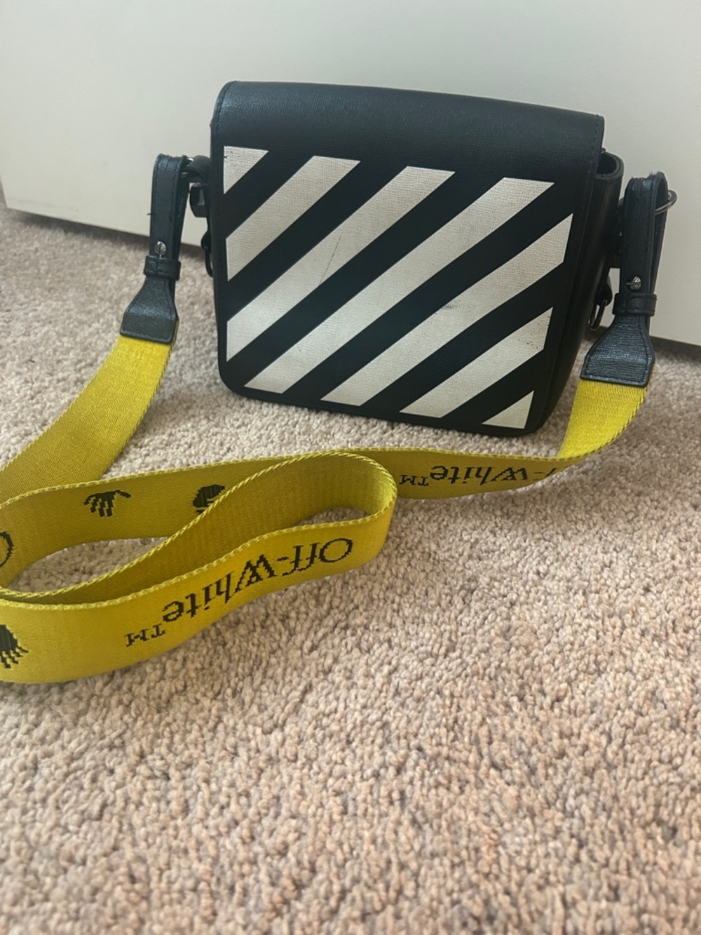 Off-White Crossbody Bag with Yellow Logo Strap